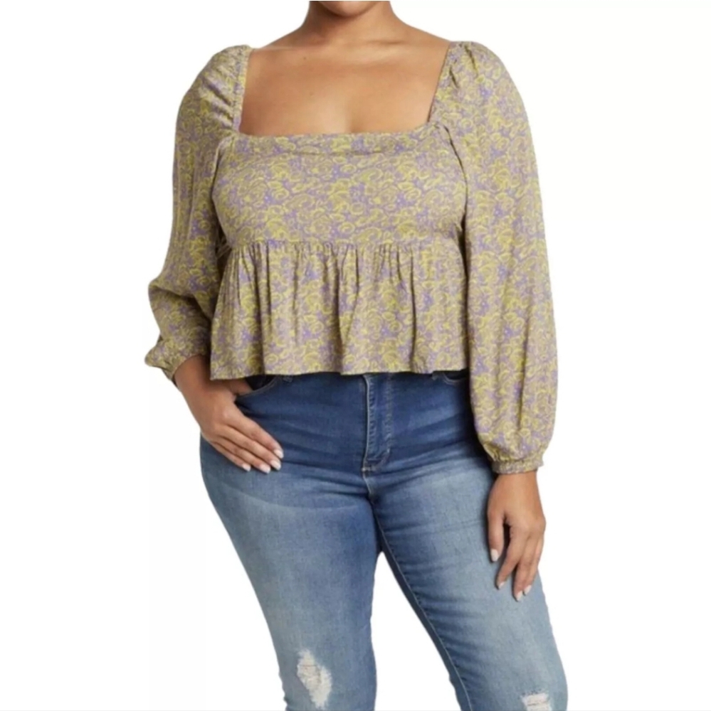 Abound Women's Smocked Floral Top Plus Size 3X Purple & Green Long Sleeves
